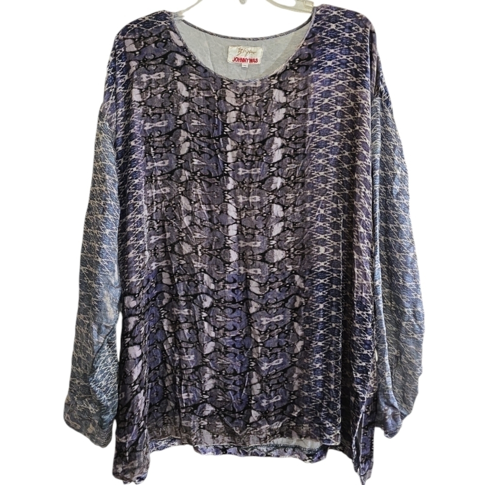 Biya Johnny Was Velvet Abstract Print Top Silk Sleeves Medium Blue Gray Oversize